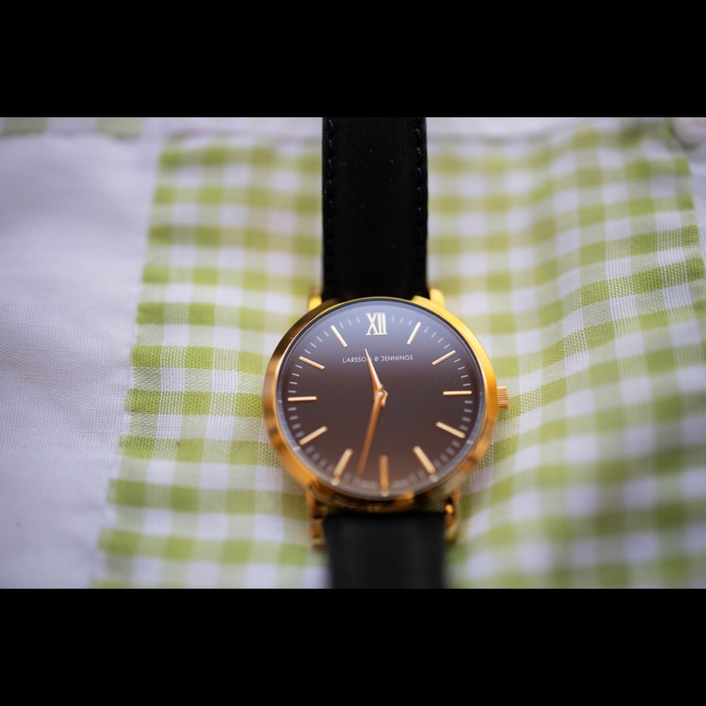 Larsson & Jennings 33mm Lugano Watch, Gold & Black Leather, Minimalist Classic